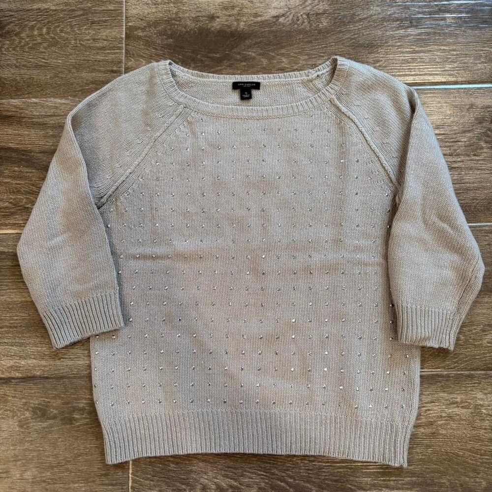Ann Taylor Women's Grey and Tan 3/4 Sleeve Sweater with‎ Embellishments Size S